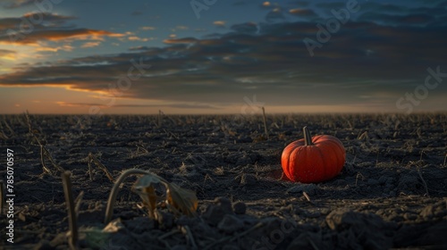A solitary pumpkin sits in a plowed field under a dramatic sunset sky, signaling the fall harvest season.