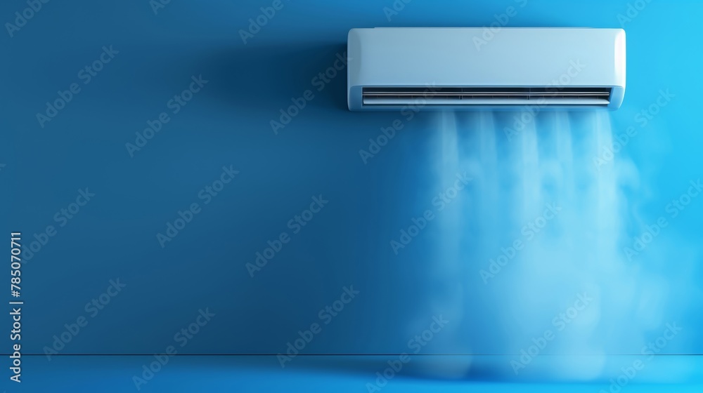 Obraz premium Cooling modern air conditioner installed on a vibrant blue wall, emitting cold air flow, symbolizing comfort technology.