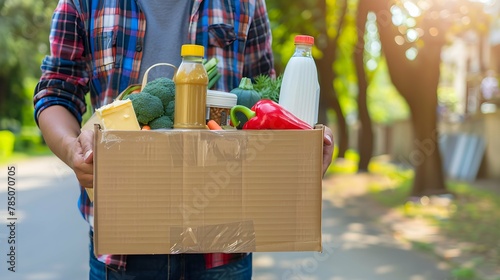 Volunteer holding a cardboard box filled with canned food and various food products, butter, vegetables, milk. Donation and volunteering concept