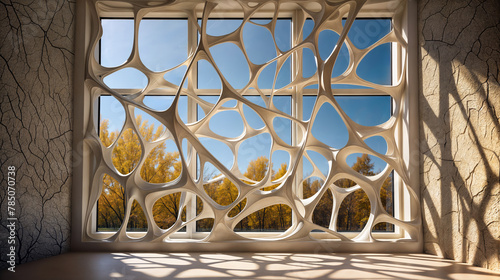 Contemporary Abstract-Designed Window Overlooking Autumn Trees in Bright Daylight – Modern Architectural Detail