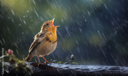 Song bird singing on a branch in the rain, wildlife scene, generated ai
 photo