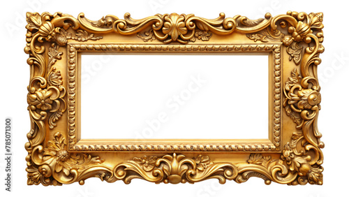 Vintage Gold Picture Frame with Ornate Baroque Design on Wooden Wall