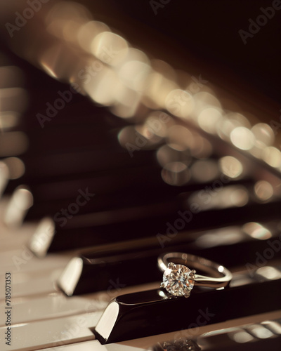 Diamond wedding ring on piano key