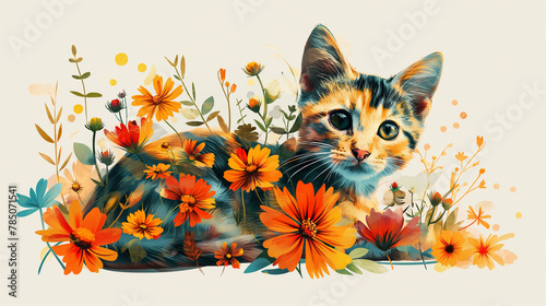 Chat dans un pré de fleurs