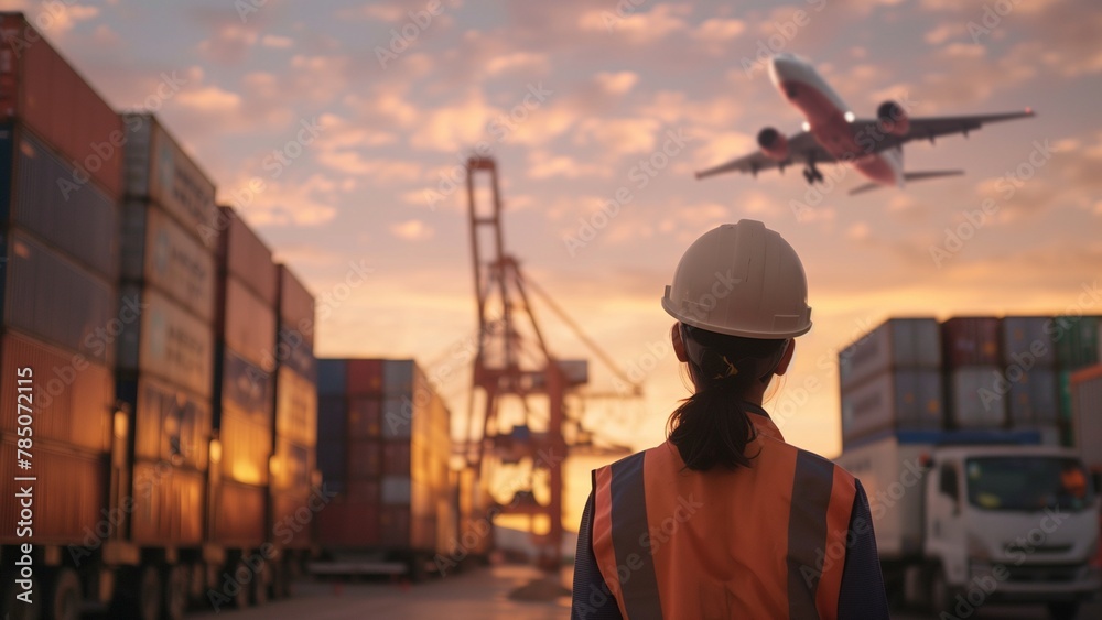 a logistics scene at what appears to be a shipping yard during sunset. A person wearing a safety vest and hard hat is standing, looking towards a white container truck that is parked a logistics scene at what appears to be a shipping yard during sunset. A person wearing a safety vest and hard hat is standing, looking towards a white container truck that is parked
