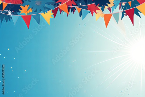 Foreground with indigo background and colorful flags garland on top, confetti all around, sun shining in the background, party banner