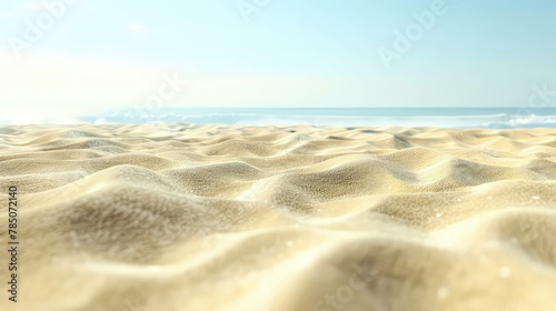 Realistic landscape of sunny beach. Sea coast with sunny sky and clouds. Beautiful summer scene with blue sky, clouds and tropical plants. Empty sea with clear horizon. 3d vector illustration.