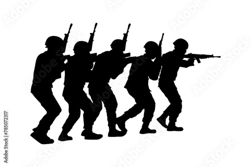 Silhouette of soldiers in action to free hostages. Flat vector design.