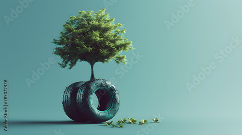 Rubber tree growing on car tires photo