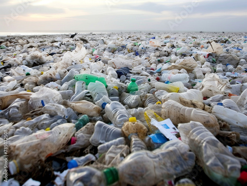 Vast expanse of discarded plastic bottles, creating a scene of pollution with various sizes, shapes, and colors.