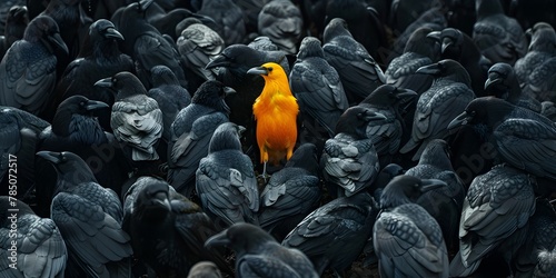 A Solitary Yellow Crow Amidst a Gathering of Black Crows Highlighting Its Distinct Presence and Natural Leadership Qualities