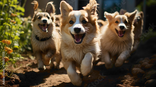 Playful puppies romping around a garden, their wagging tails and floppy ears capturing the joy and energy of these delightful canine companions.