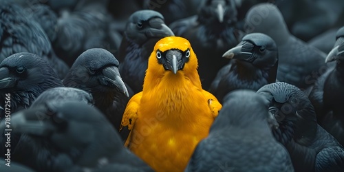 Striking Yellow Parrot Among Black Flock Showcasing Unique Standout Features