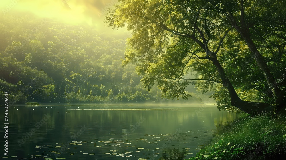 Sun's rays seep through the thick green leaves of a forest of serene nature. Nature background. Spring background Sun's rays seep through the thick green leaves of a forest of serene nature. Nature background. Spring background