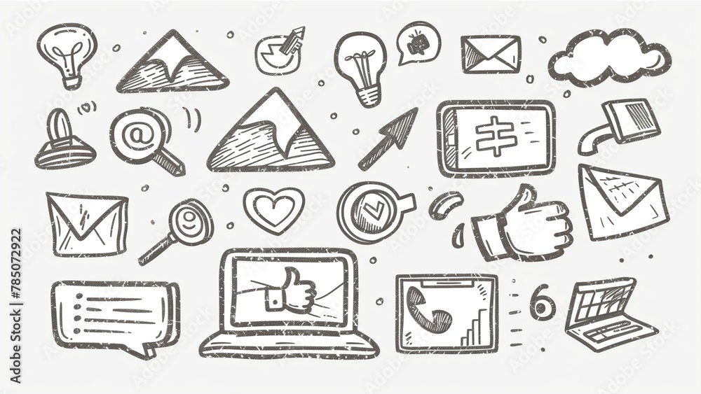 a collection of hand-drawn doodle icons related to social media and technology. sketches of a thumbs-up, a heart, a laptop, a picture with a mountain in the frame, a cursor arrow, location pin a collection of hand-drawn doodle icons related to social media and technology. sketches of a thumbs-up, a heart, a laptop, a picture with a mountain in the frame, a cursor arrow, location pin