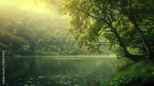 Sun's rays seep through the thick green leaves of a forest of serene nature. Nature background. Spring background