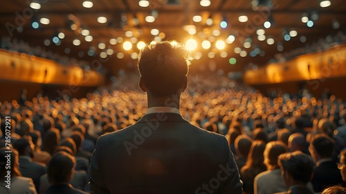 Eloquent Orator Engages Attentive Crowd at Seminar. Concept Public Speaking, Engaging Audience, Effective Communication, Presentation Skills, Seminar Hosting