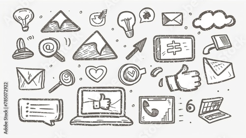 a collection of hand-drawn doodle icons related to social media and technology. sketches of a thumbs-up, a heart, a laptop, a picture with a mountain in the frame, a cursor arrow, location pin