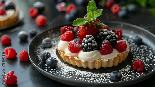 Set of desserts with fresh fruit on a black flat plate