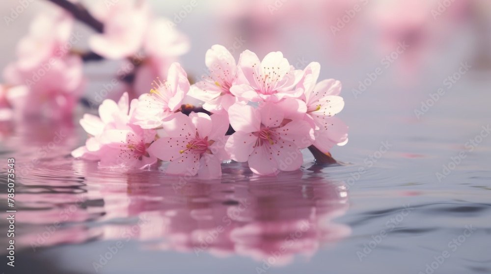 Pink Sakura flowers blooming gracefully on a branch, a water drop falling into a serene pond.