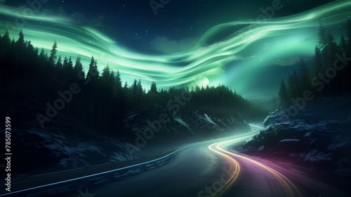 A winding road through pines under the spell of the Northern Lights, with car headlights blurring into ribbons of light via long exposure.