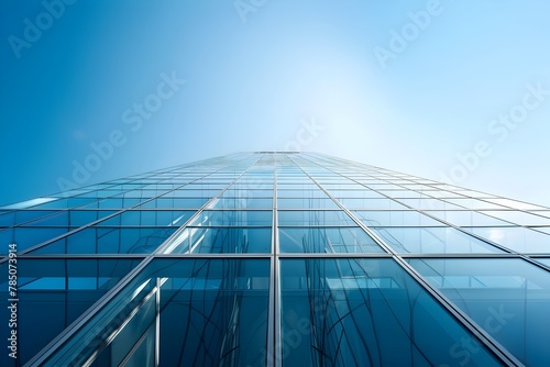 Towering Glass Architecture Stands Alone Against Serene Backdrop of Clear Sky,Exuding Futuristic Minimalist Elegance