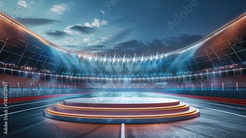 Sports Product Display Podium on Soccer Field with Stadium Background and lights