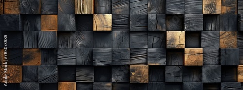 Abstract background with golden and black wood blocks. Abstract wallpaper design in the style of black wall with wooden elements  dark colored wall.