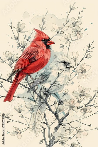 A charming illustration featuring a bird perched on a branch, with one side of the image in full color and the other in elegant black and white.