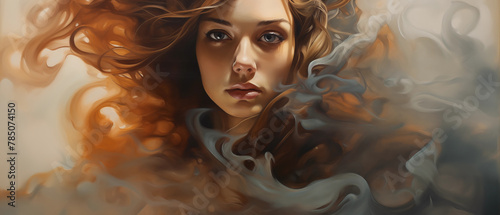 An evocative portrait of a young woman, her gaze piercing through a swirling dance of smoky tendrils that echo her thoughts.