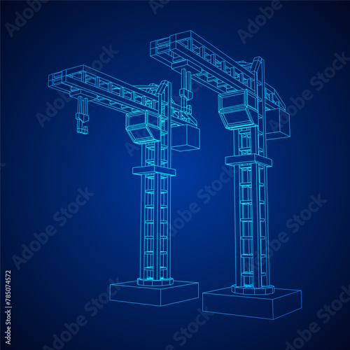 Construction crane tower. Building industrial concept. Wireframe low poly mesh vector illustration.
