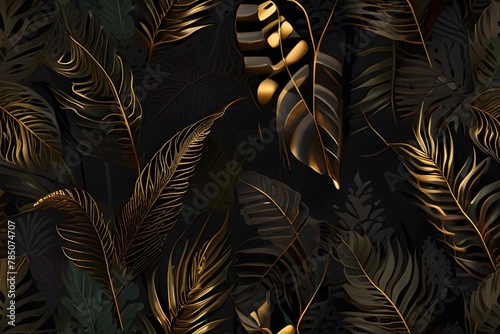 Luxury abstract dark art background with tropical leaves in gold line art style. Botanical banner with exotic plants for wallpaper design  decor  print  packaging  textile  interior  Generative AI