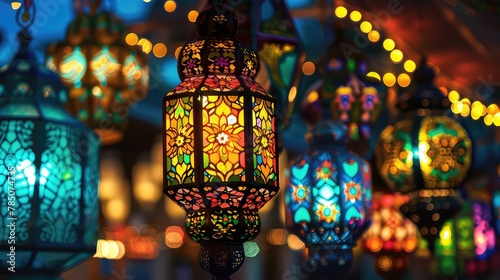 Starry night with glowing Islamic crescent, Ramadan concept.