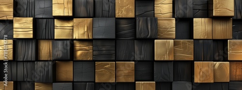 Abstract background with golden and black wood blocks. Abstract wallpaper design in the style of black wall with wooden elements  dark colored wall.