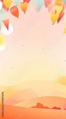 Foreground with peach background and colorful flags garland on top, confetti all around, sun shining in the background, party banner