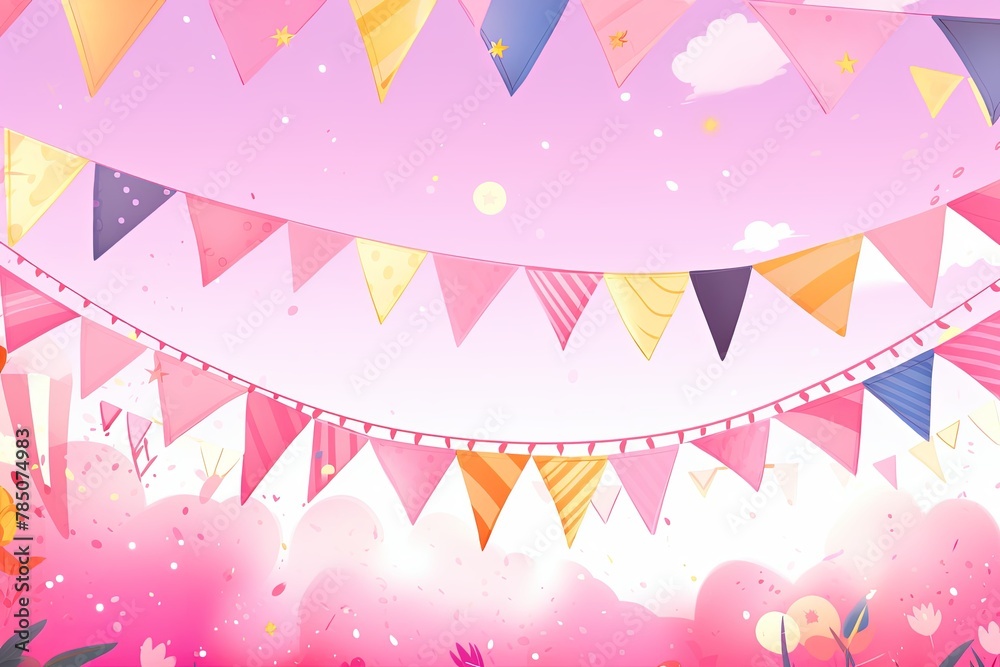 Foreground with purple background and colorful flags garland on top, confetti all around, sun shining in the background, party banner