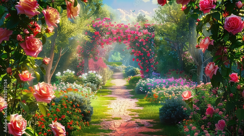 Flower-Lined Pathway in Magical Garden Flower-Lined Pathway in Magical Garden