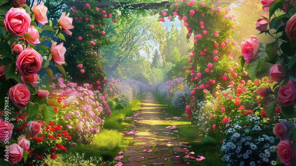 Flower-Lined Pathway in Magical Garden