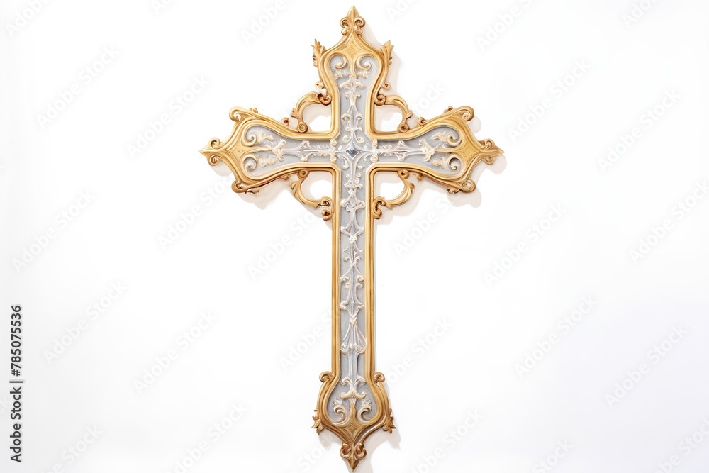 Golden cross isolated on white background. 3d rendering. Computer digital drawing.