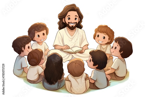 Vector cartoon illustration of Jesus Christ reading a book to the children.