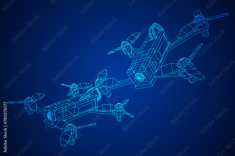 Obraz premium FPV Drone Racing freestyle sport flight. Hobby toys. Wireframe low poly mesh vector illustration.