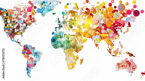 world map form pills on white.