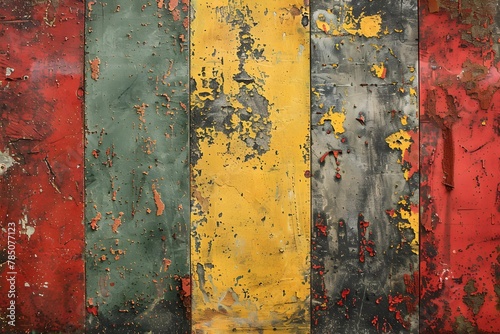 A grunge textured background with vertical stripes in distressed red, green, yellow, and grey colors with peeling paint and signs of wear.