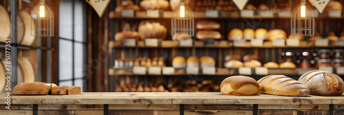 A selection of fresh breads and cheeses showcased on a rustic wooden bakery counter with price tags