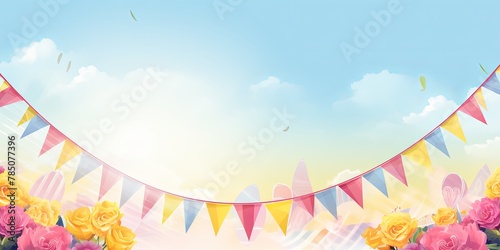 Foreground with rose background and colorful flags garland on top, confetti all around, sun shining in the background, party banner