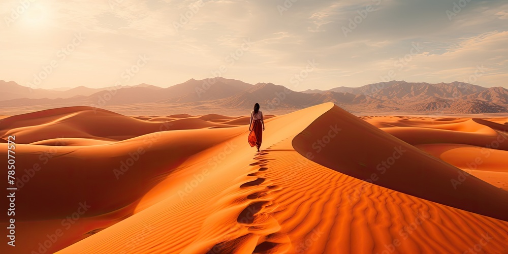 Women walking through a vast desert landscape, embracing the solitude and beauty.