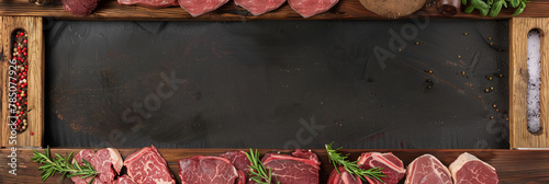 A clean blackboard for custom messages, surrounded by prime cuts of meat and herbs on a wooden surface photo