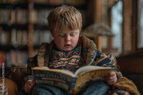 A library scene where a child with Down syndrome reads his favorite book to a listening circle of pe