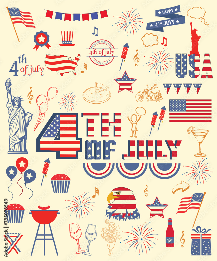 4th Of July Set Of Different Vectors And Icons