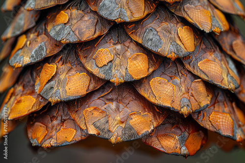 A macro image of pine cone scales, layered tightly together, each scale a protector of the seeds ben